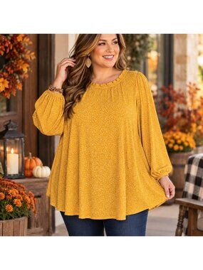 Adrianna Papell Womens 3X Mustard Yellow Print Long Sleeve Boho Tunic Top Fall
